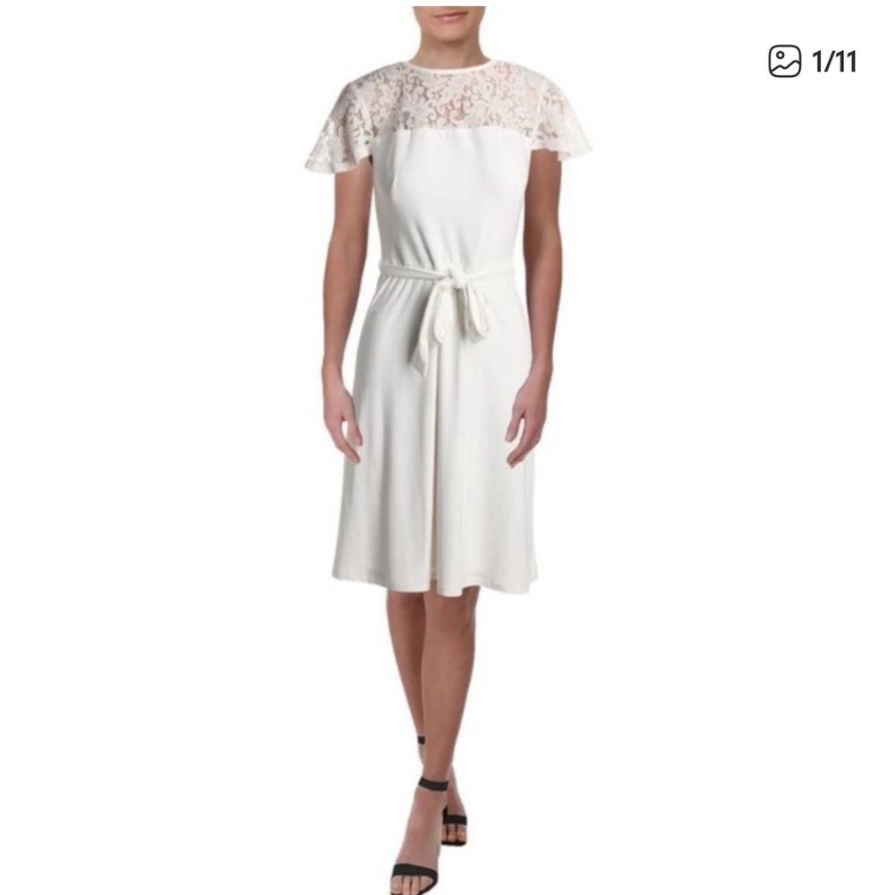 New Lauren Ralph Womens Allie White Lace Short Sleeve Bridal Dress Wedding Girly